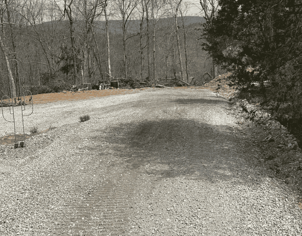 Elevated view of a gravel driveway cut through wooded land, with tire tracks in the stone surface and leafless trees lining the route.