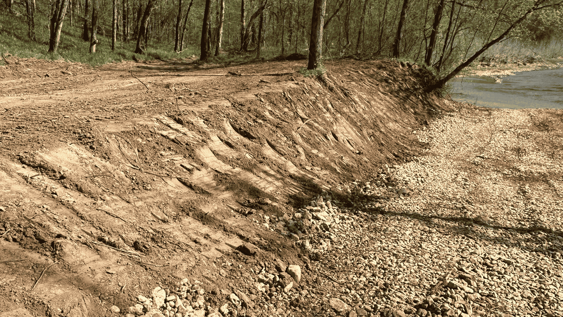 Graded site pad beside a pond edge, with smooth soil surface and visible equipment tire impressions.